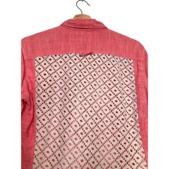 Free People Slubby Road Trip Lace Crochet Back Button Down Shirt Size Small Pink - Picture 4 of 10